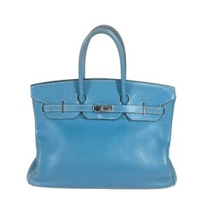 HERMES Birkin 35 Tote Bag Handbag in Taurillon Clemence Leather, Unisex, Blue...